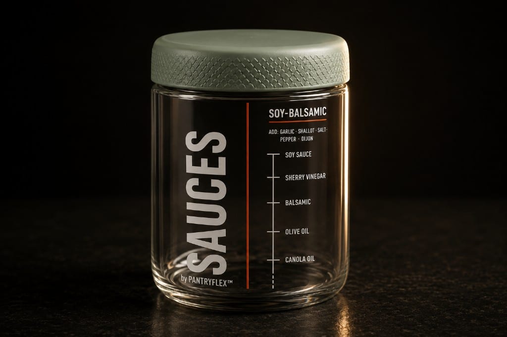 16 oz PantryFlex glass jar with sage lid and printed soy-balsamic fill lines