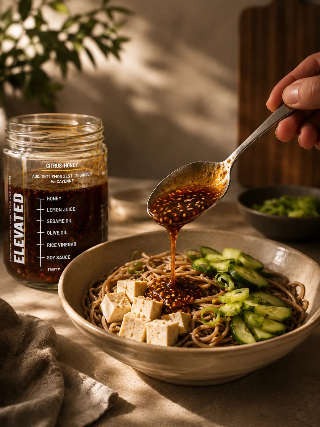 Spooning a sesame-soy dressing from the jar over soba noodles and tofu