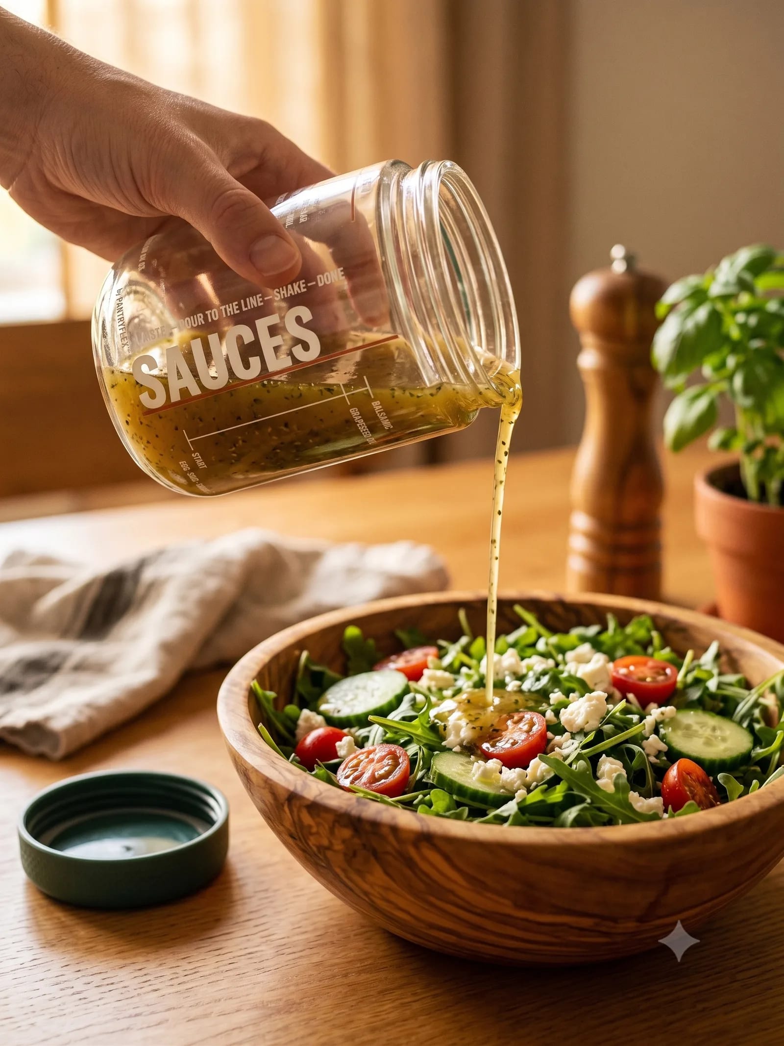 Pouring sauce from the jar over a weeknight salad