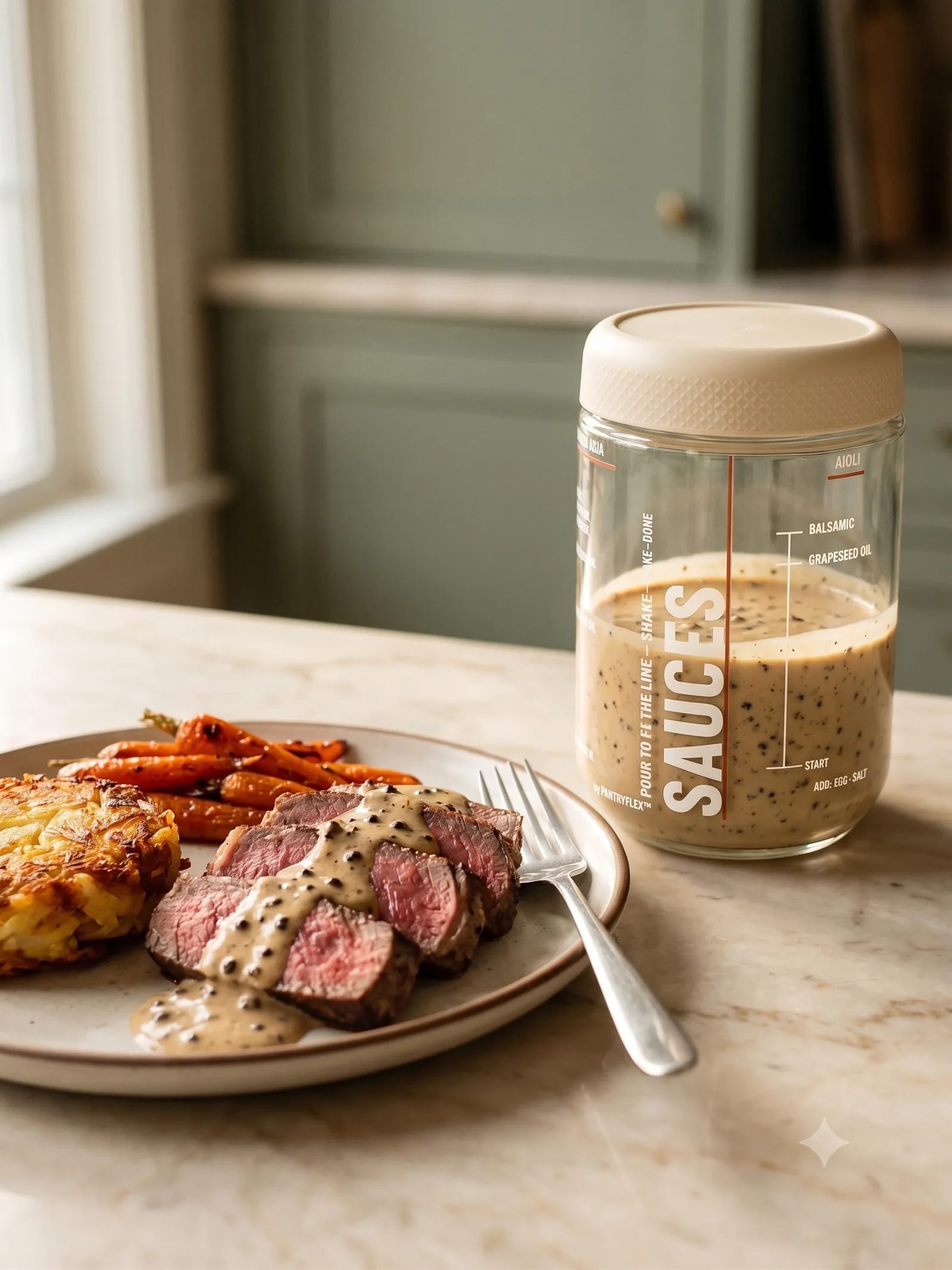 Steak dinner plated with sauce jar beside it