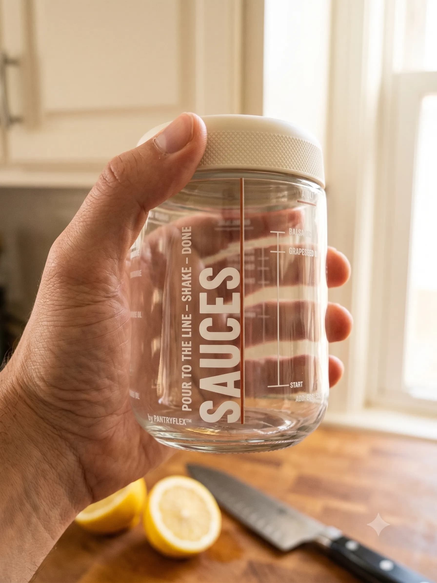 The 16 oz PantryFlex jar held in a hand