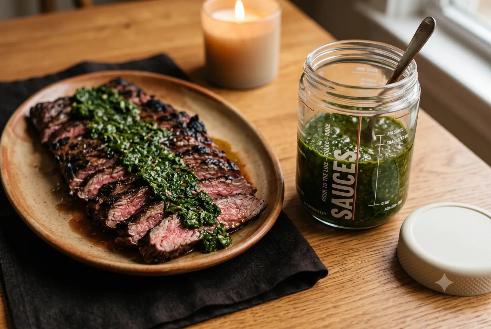 Grilled steak finished with a PantryFlex jar sauce