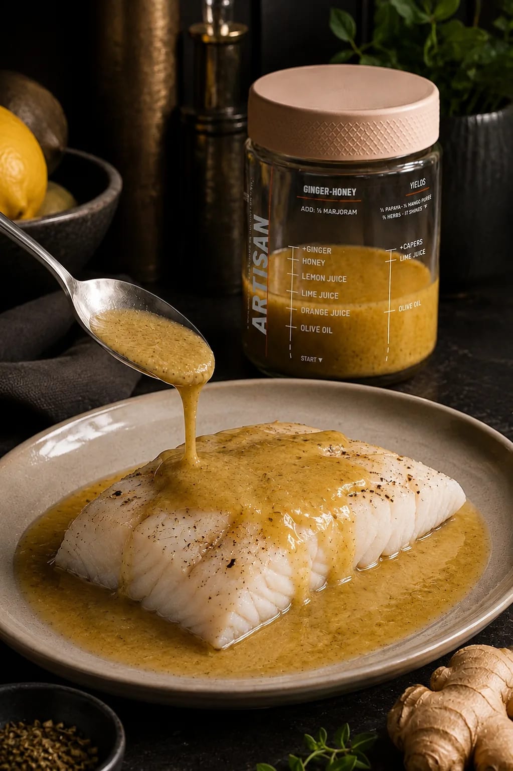 Spooning sauce from the jar over a roasted fish fillet