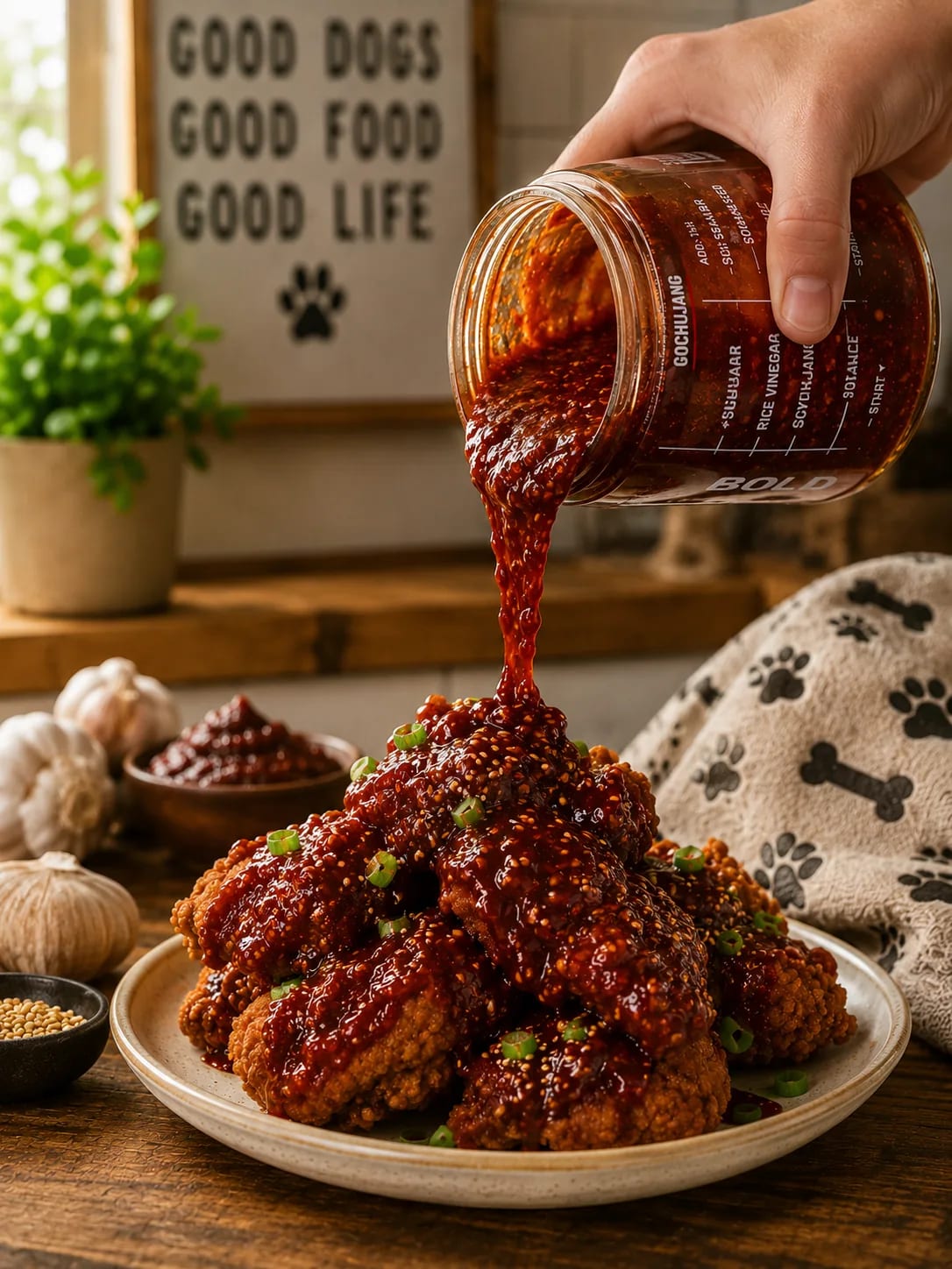 Gochujang sauce poured from the jar over crispy wings