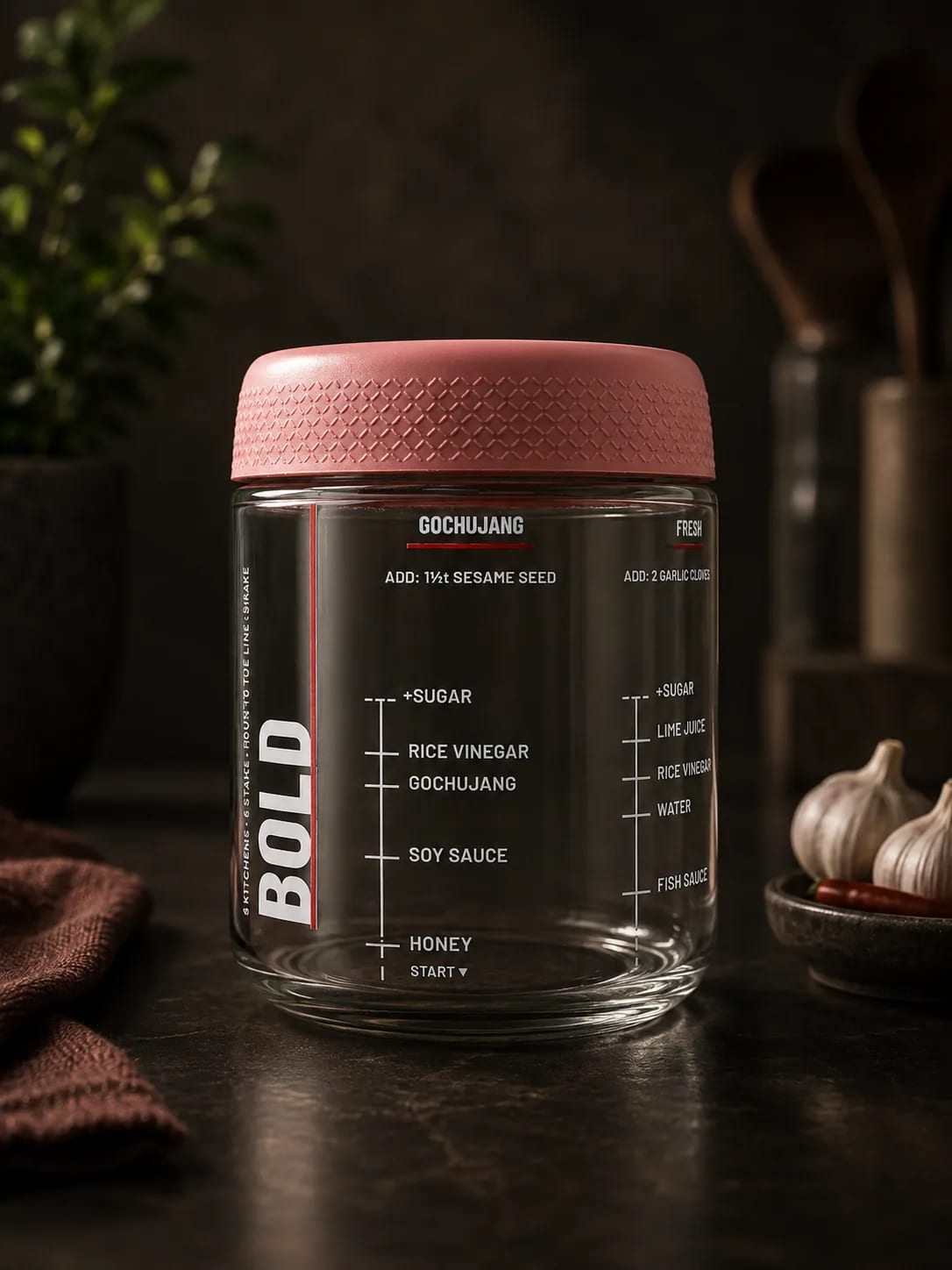 16 oz PantryFlex glass jar with a red lid and printed gochujang fill lines